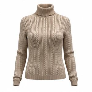 💥 Soft Beige Cable Knit Turtleneck Sweater 100% Cotton Ribbed Trim Cozy US M/L